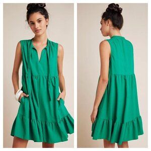 Maeve Anthropologie Shira Tiered Mini Dress Sleeveless A-Line in Green Size M